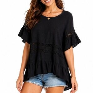Laura Janelle Womens Oversized Black Crochet Lace Ruffle Blouse Top Small New
